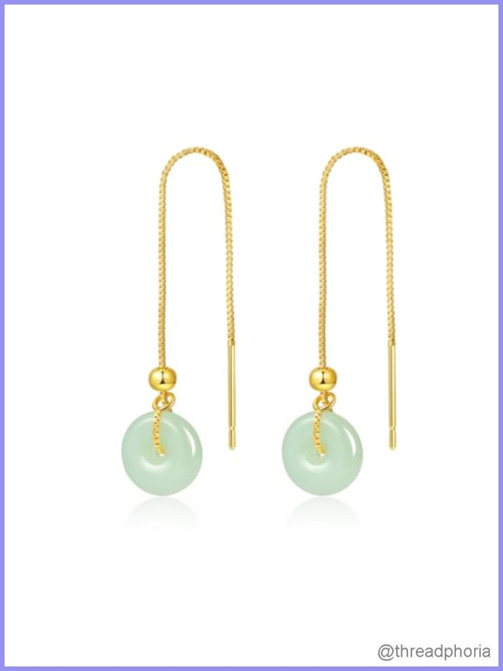 Gold Plated Long Chain Threader Earrings with Green Jade Pendant Dangle
